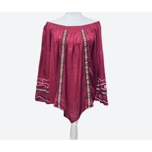 HANNAH Women’s Size M Burgundy Off Shoulder Embroidered Boho Wide Sleeve Top